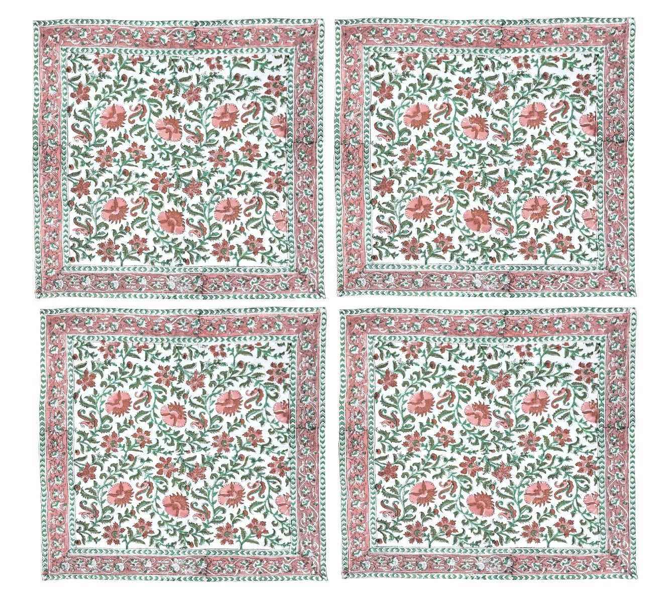 Set of 4 pink and green block print napkins