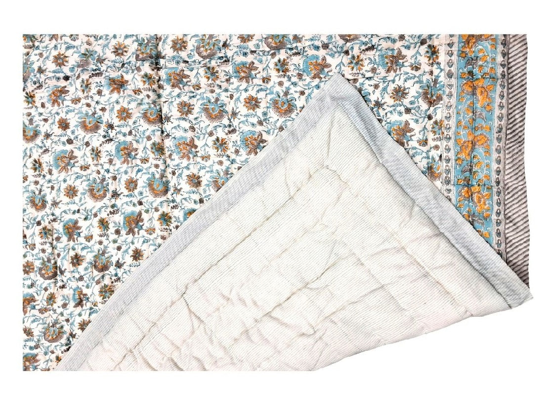 Reversible Block Printed Cotton Queen Size Quilt
