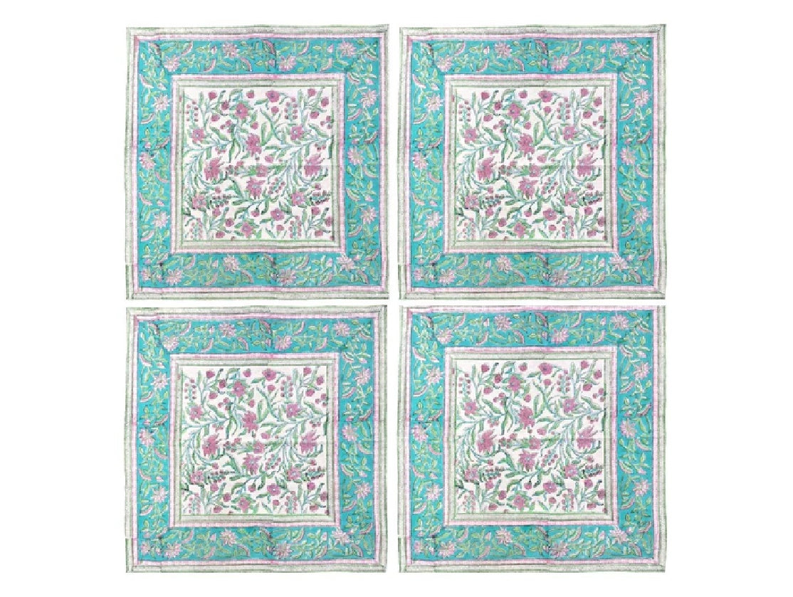 Block Print Green & Pink Napkin 4 Set