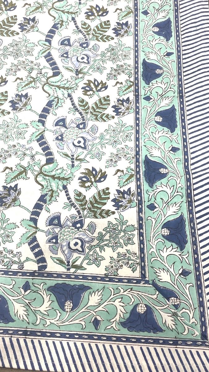 Blue Steel & Sage Floral Block Print Tablecloth