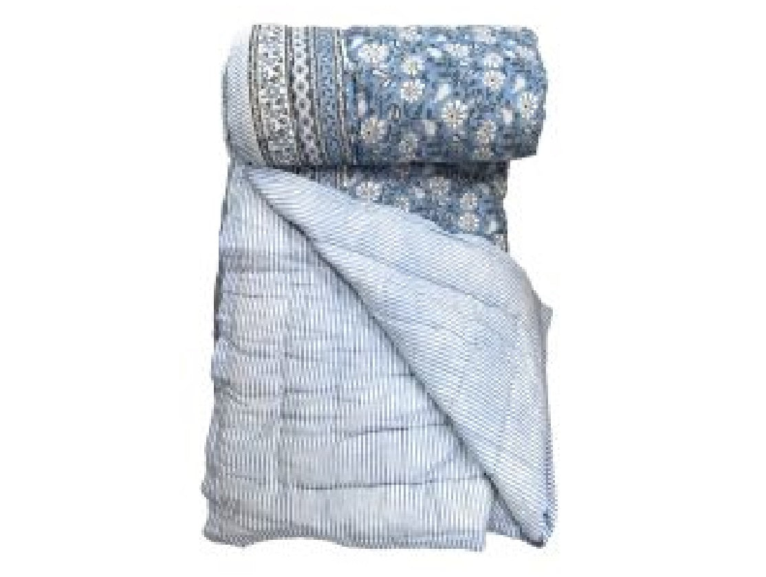 Denim Floral Block Print Cotton Filled Quilt