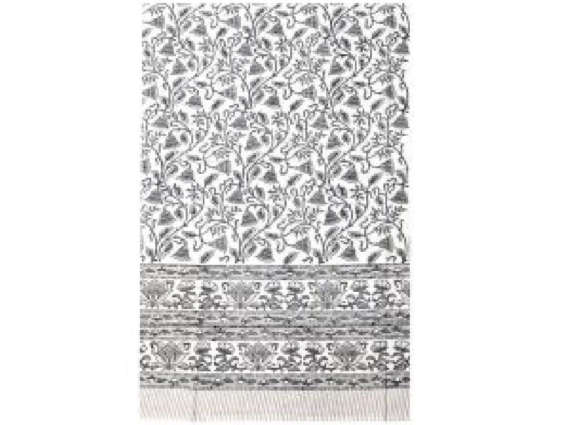 Grey & White Floral Block Print Small Tablecloth