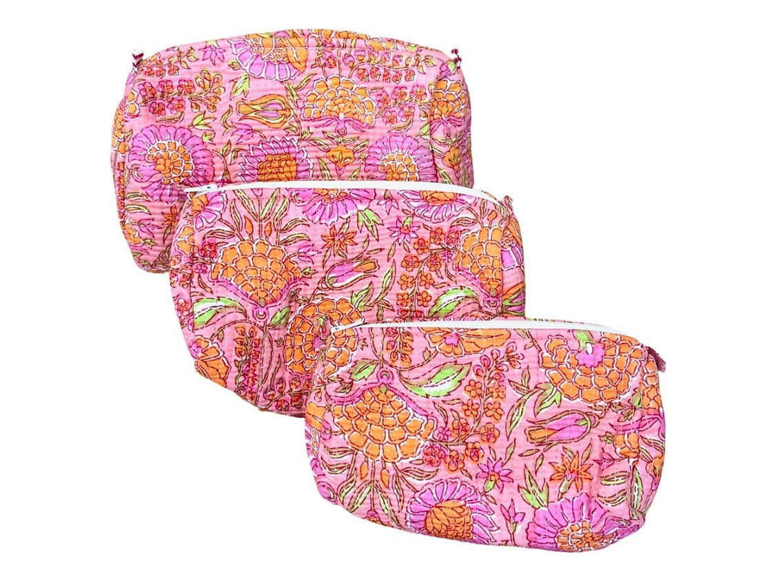 Set of 3 Pink Cosmetic Pouches with Orange Florals