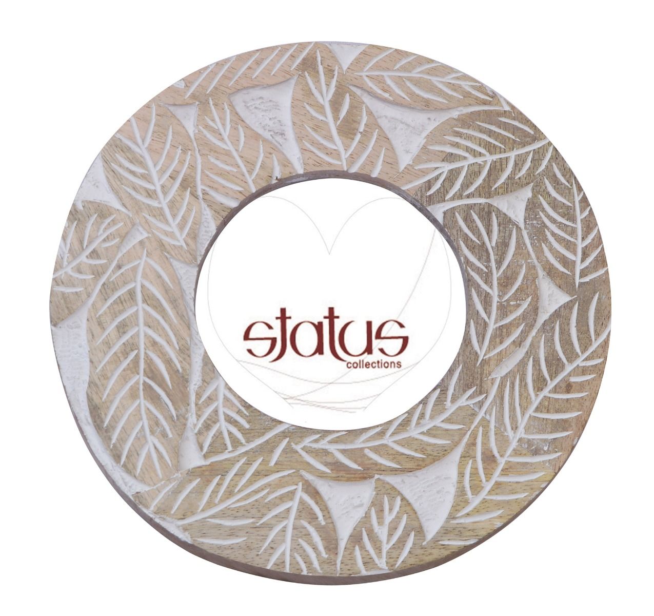 Round Natural Wooden Frame with Hand Carved Leaves