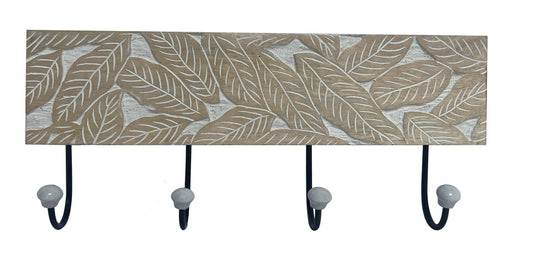 Natural Wooden 4 Wall Hook with Hand Carved Leaves