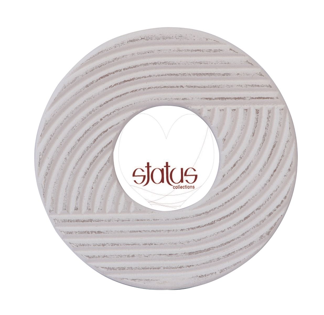 Whitewashed Round Wooden Frame with Hand Carved Line Design