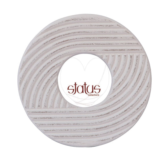 Whitewashed Round Wooden Frame with Hand Carved Line Design