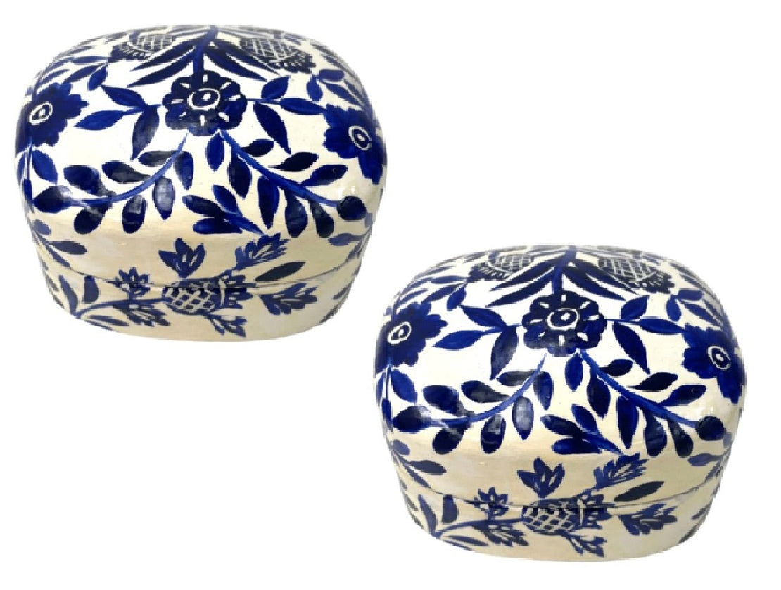 Set of 2 White Papier-mâché Boxes in Blue Floral