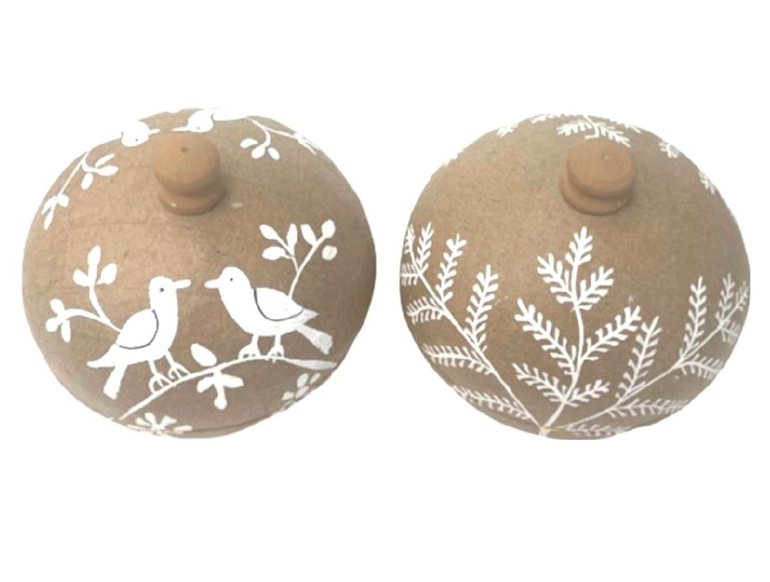 Set of 2 Large Round Papier-mâché Boxes in Bird & Branch Design