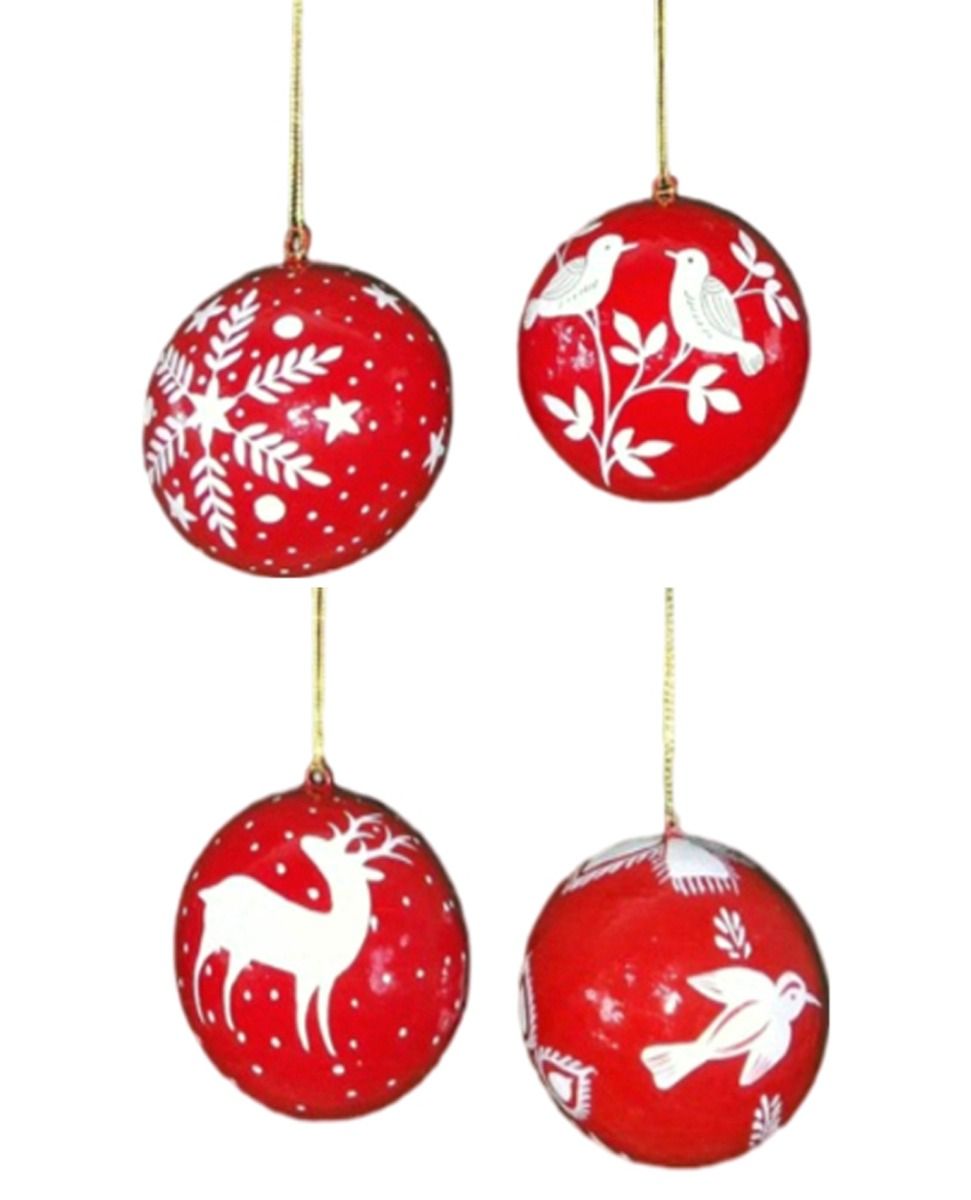 Set of 4 Red Hand-Painted Papier Mache Baubles - SALE!