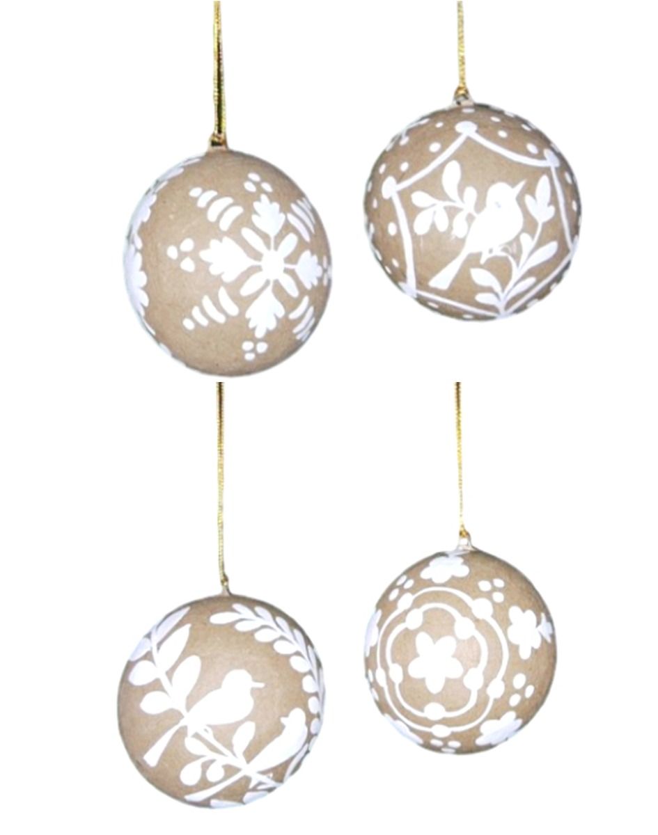 Set of 4 Natural and White Hand Painted Christmas Baubles - SALE!