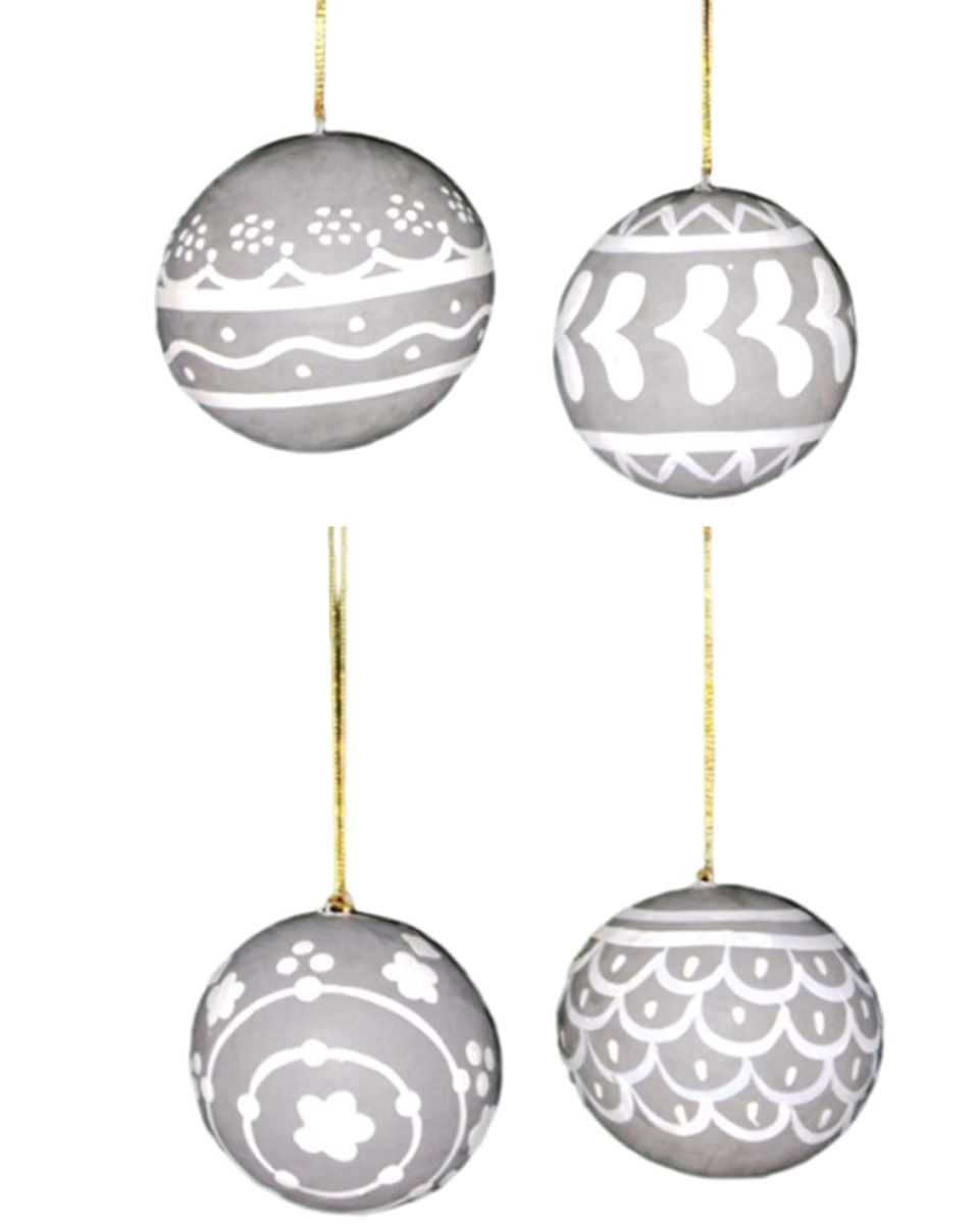 Set of 4 Grey and White Hand Painted Baubles - SALE!