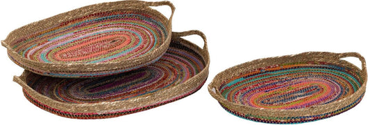 Eclectic Recycled Sari & Jute Oval Trays – Set of 3