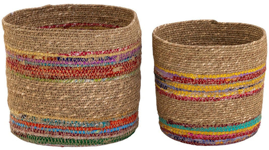 Eclectic Recycled Sari & Jute Woven Baskets – Set of 2