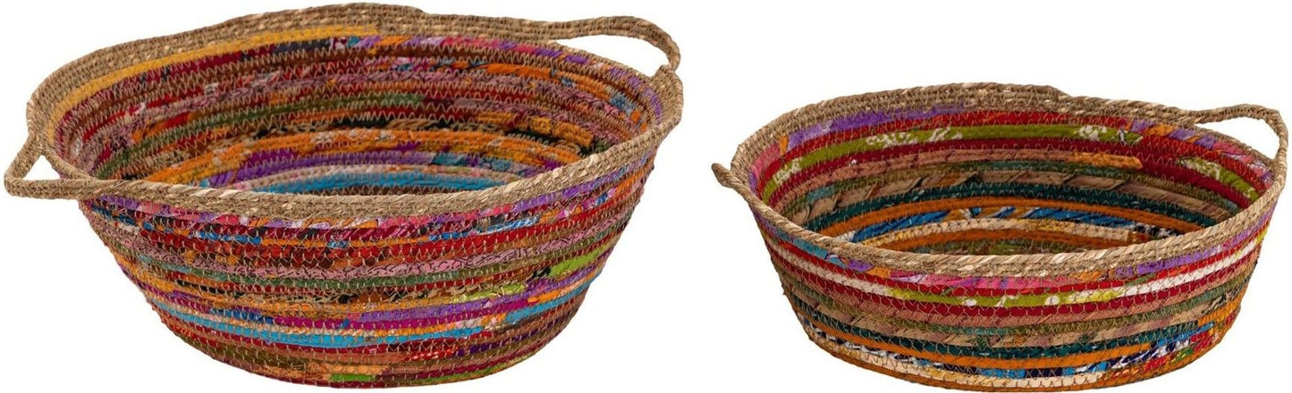 Eclectic Recycled Sari & Jute Woven Shallow Baskets – Set of 2