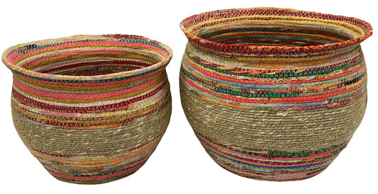 Eclectic Recycled Sari & Jute Flared Baskets – Set of 2