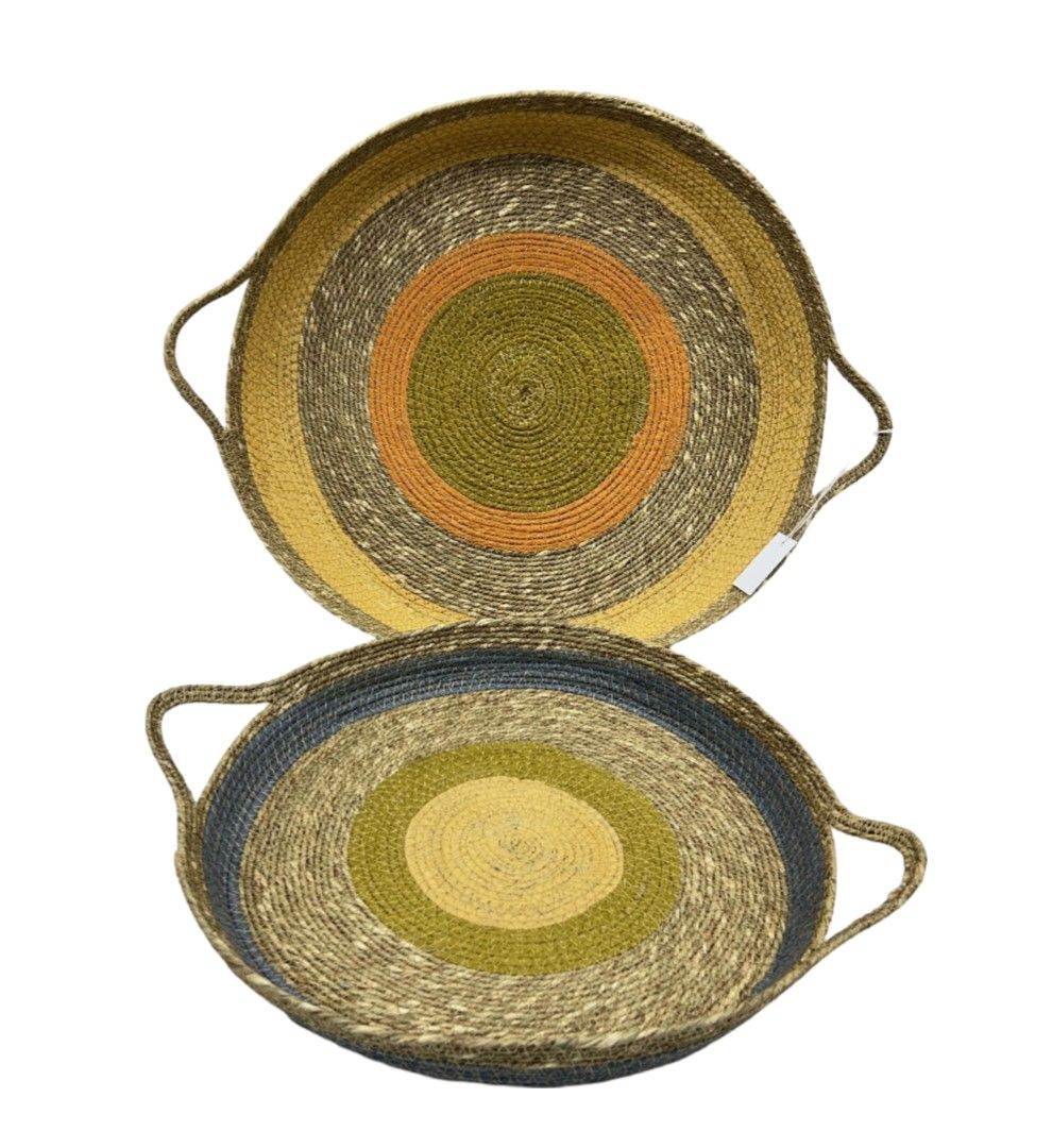 Boho Earth-Toned Round Woven Jute Trays – Set of 2