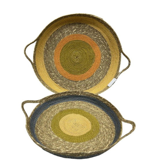 Boho Earth-Toned Round Woven Jute Trays – Set of 2