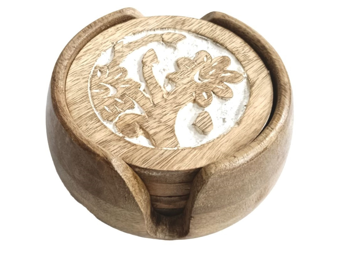 Set of 4 Round Whitewash Floral Coasters with Holder