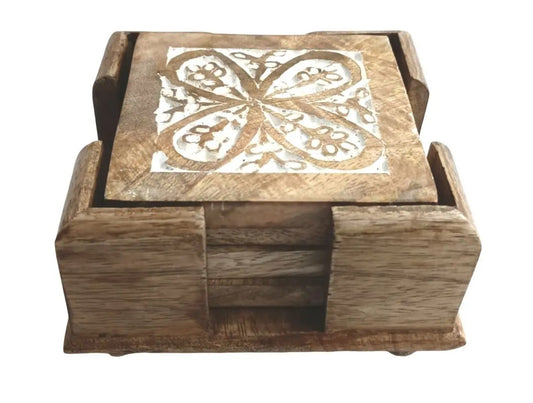 Set of 4 Square Whitewash Butterfly Coasters with Holder