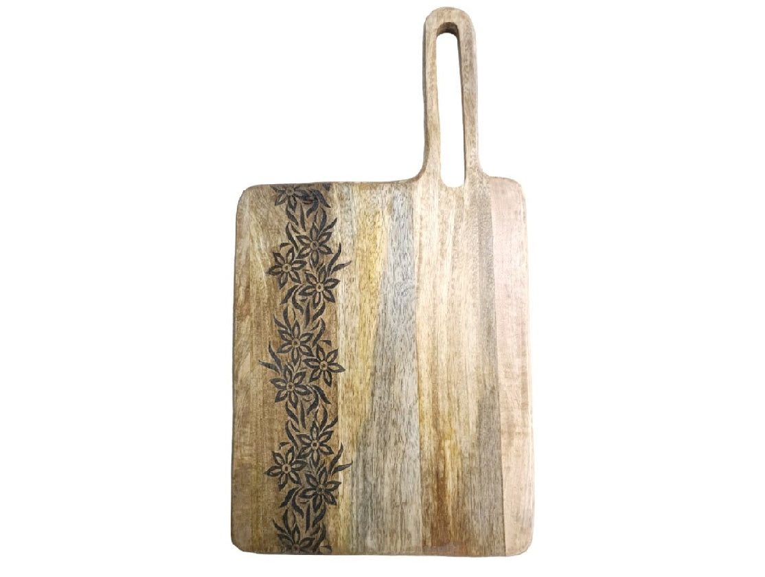 Wide Natural Wood Chopping Board with Etched Florals
