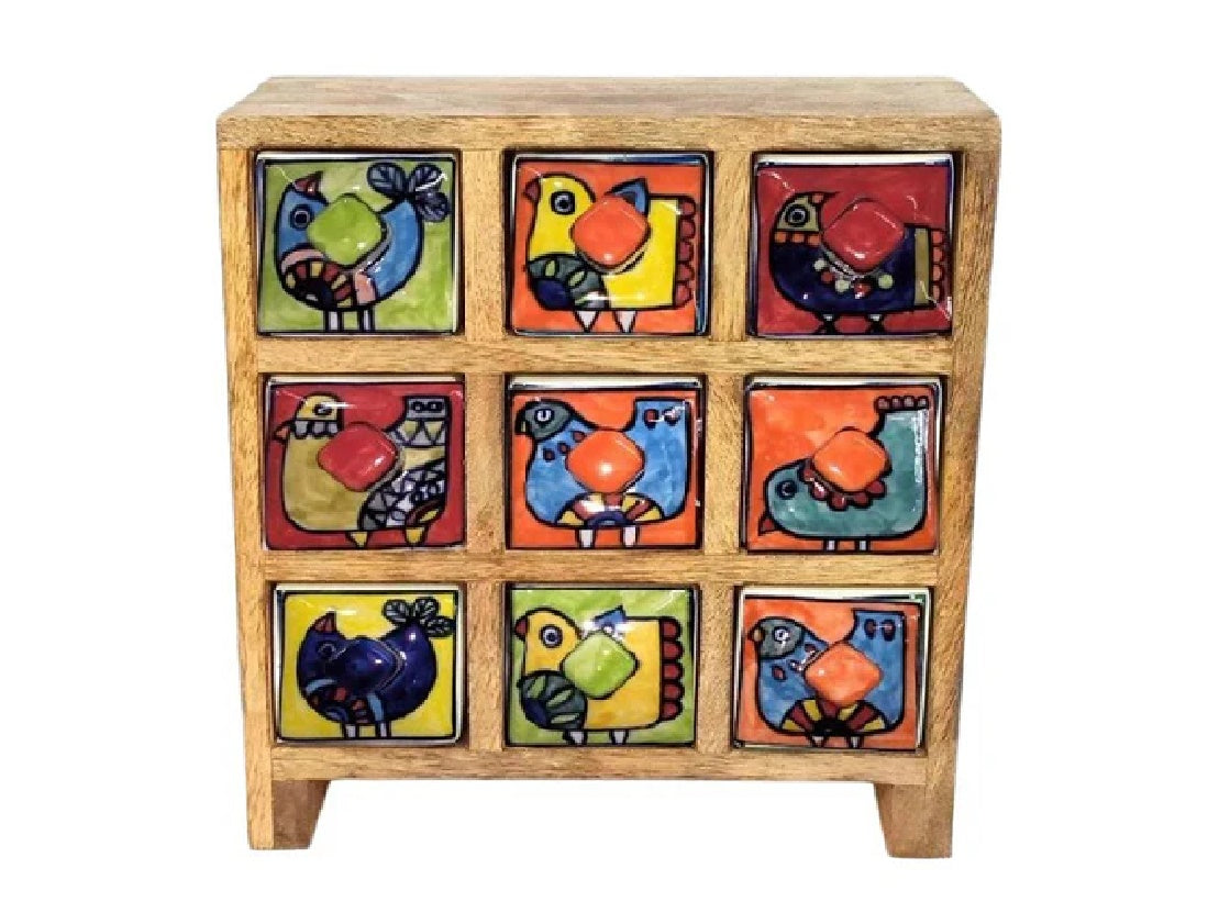 Red bird design 9 drawer box 25x25x9cm