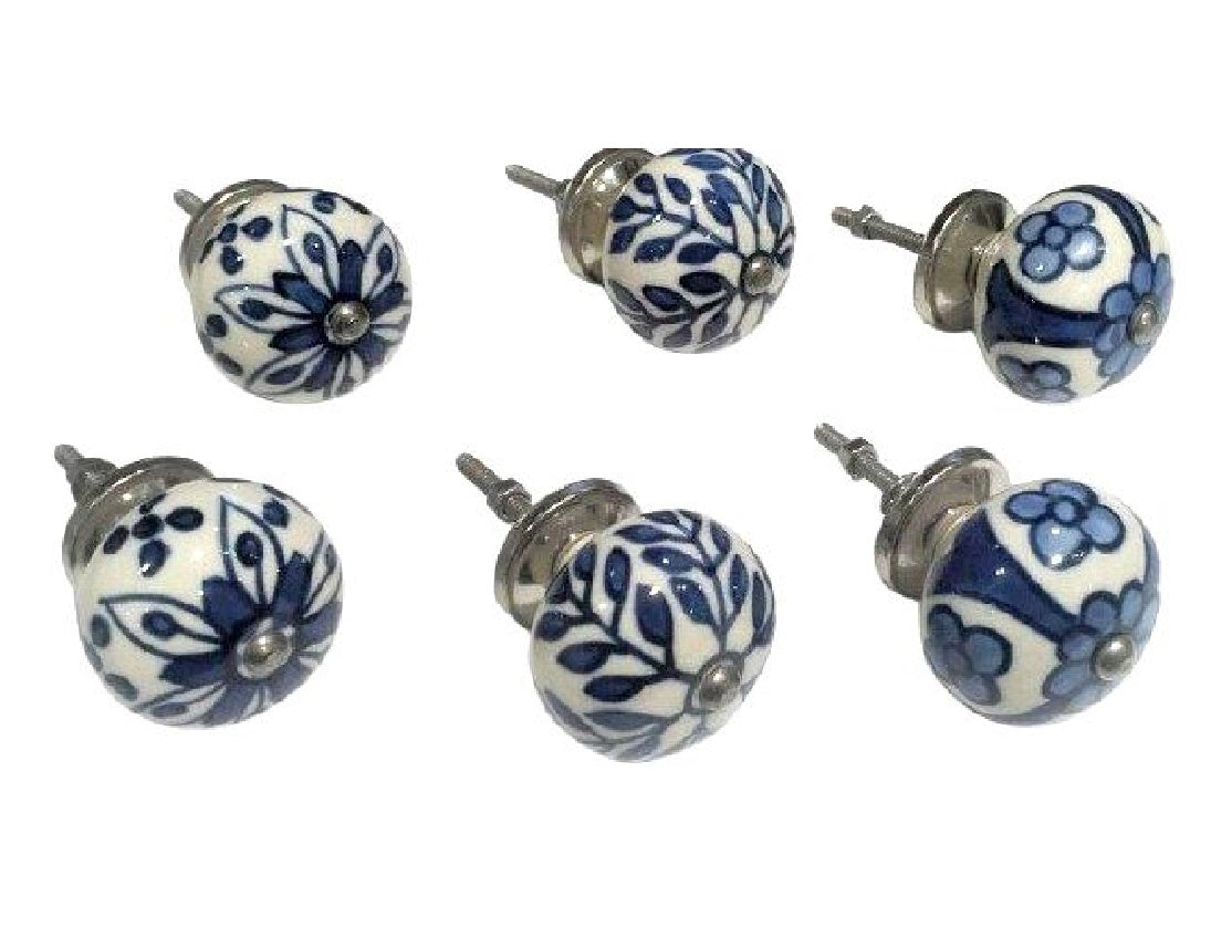 Set of 6 blue and white flower & leaf round knobs
