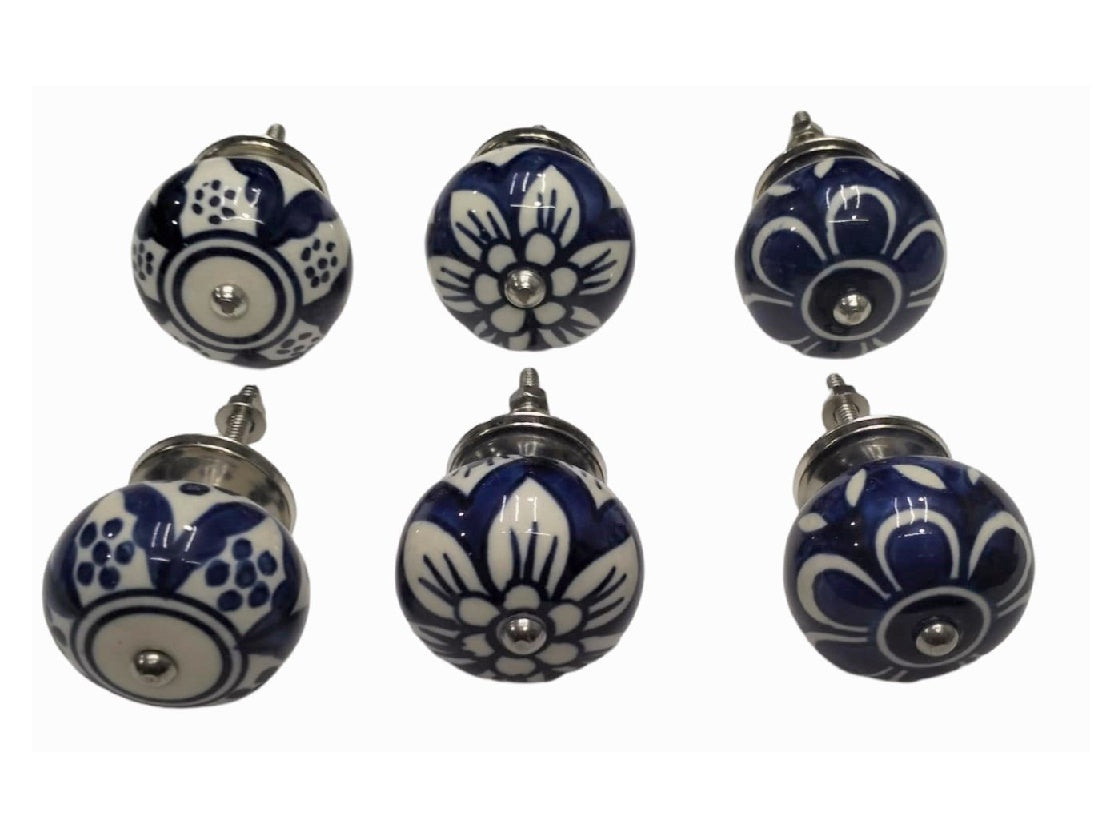 Set of 6 Blue & White Fluted Knobs