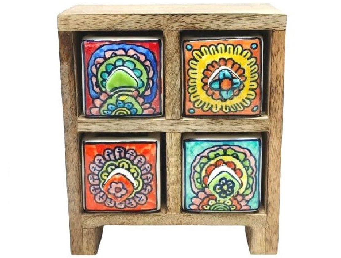 Multicolour Wooden Four Ceramic Drawer Mini Chest