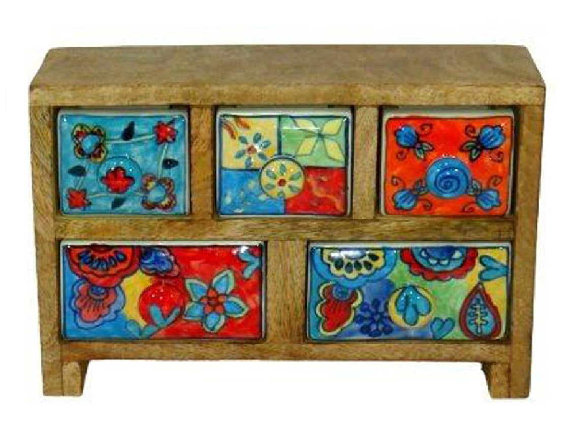 Abstract Wooden Five Ceramic Drawer Mini Chest