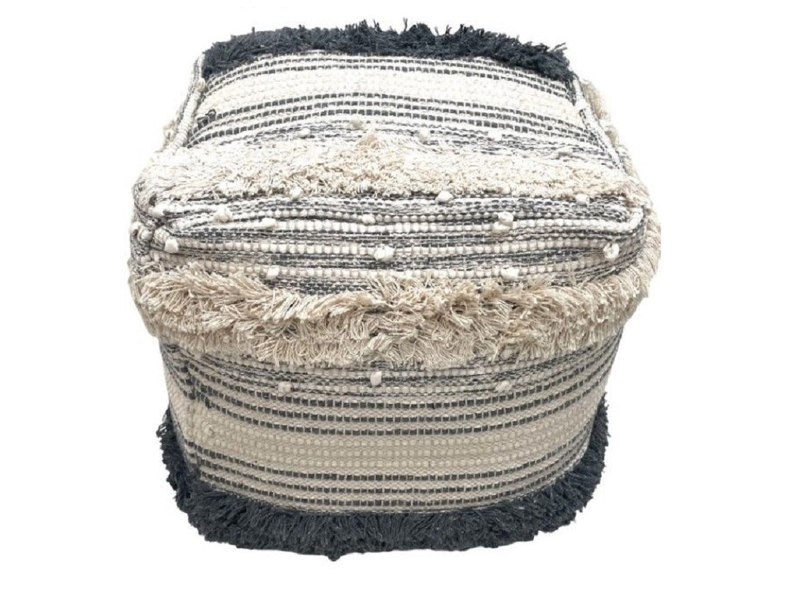 Smokey Blue & Cream Hand Woven Pouf