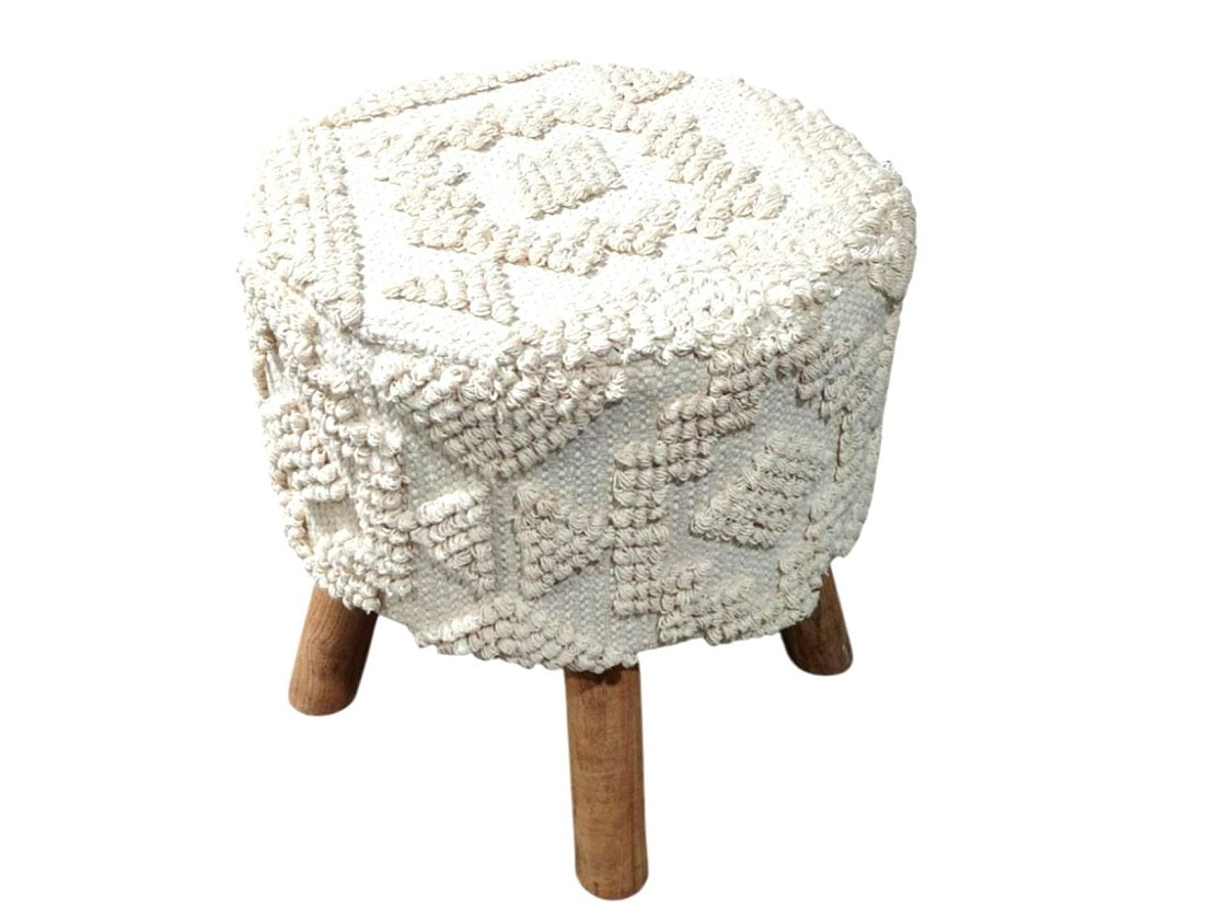 Hand-crafted Wooden & Woven Cream Stool