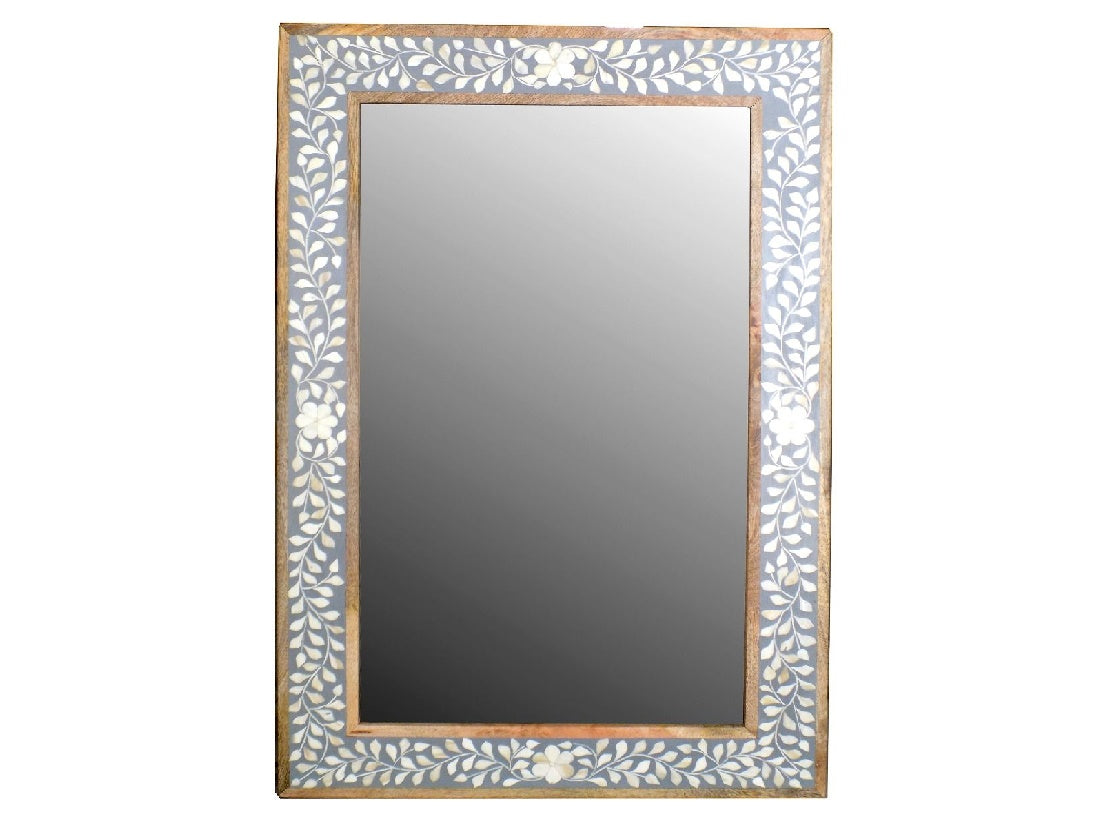 Rectangular Grey and White Floral Mirror with Bone Inlay