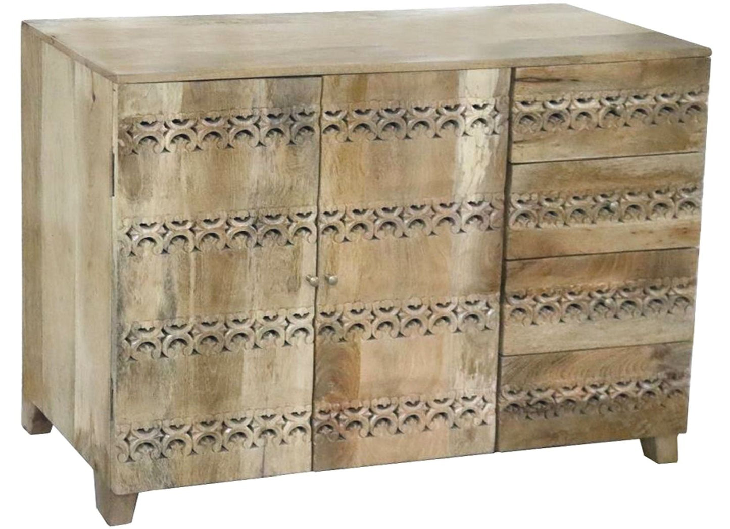 Wide Natural Sandblasted Hand Carved Cabinet