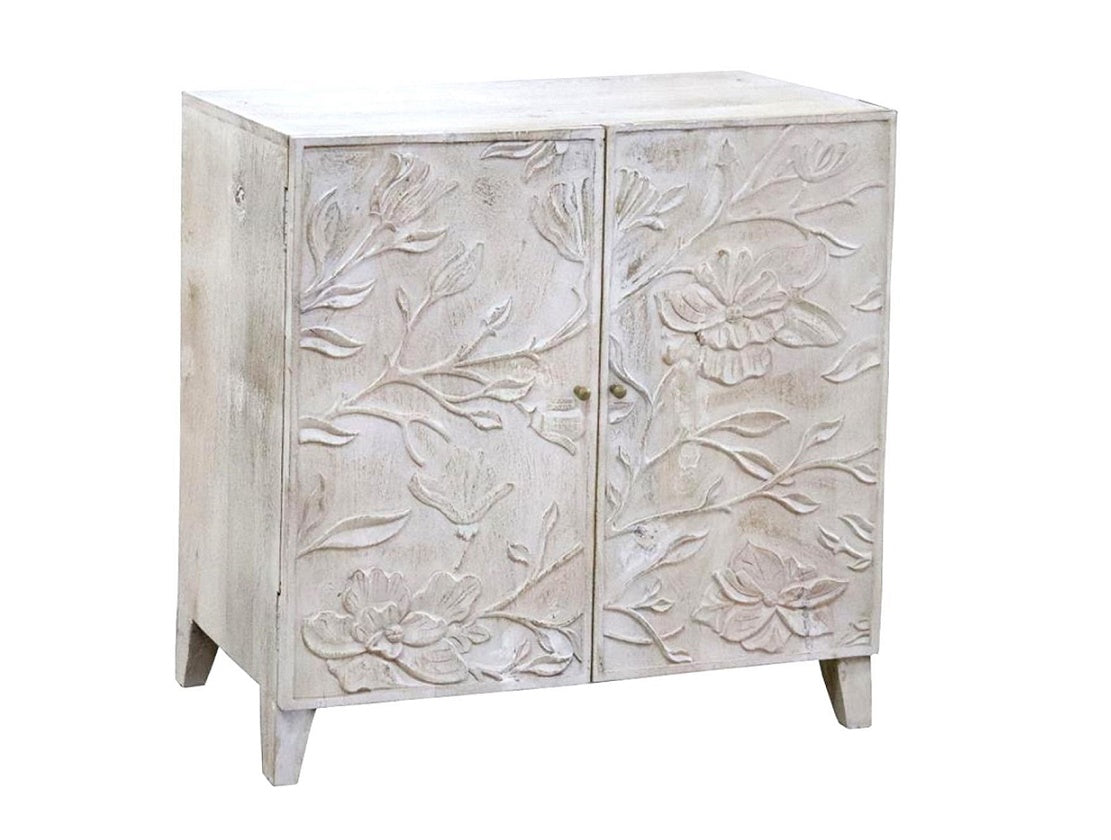 Wood whitewashed cabinet with floral carving