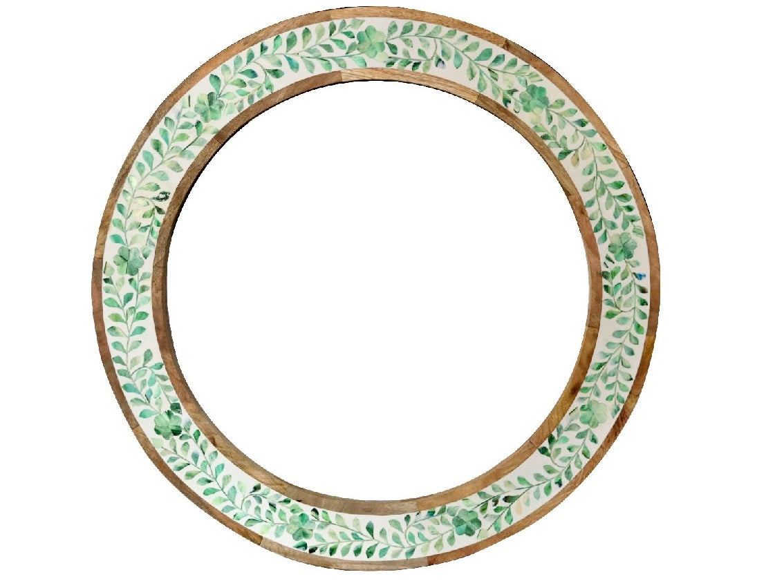 Round Mirror with Dark Green and White Bone Inlay