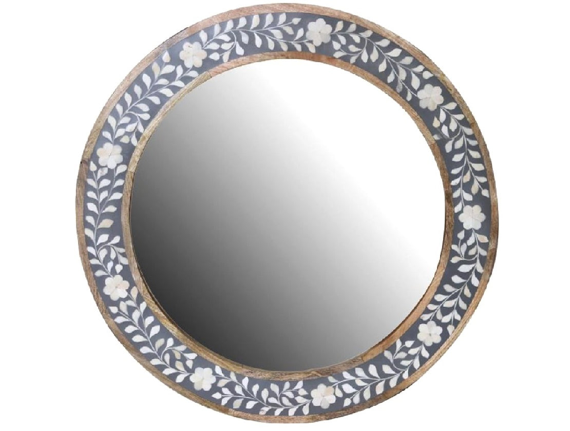 Round Mirror with Gray & White Bone Inlay