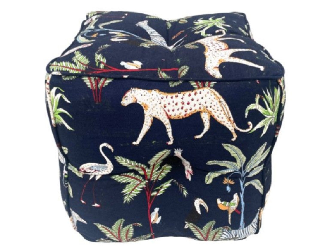 Navy Blue Jungle Print Pouf