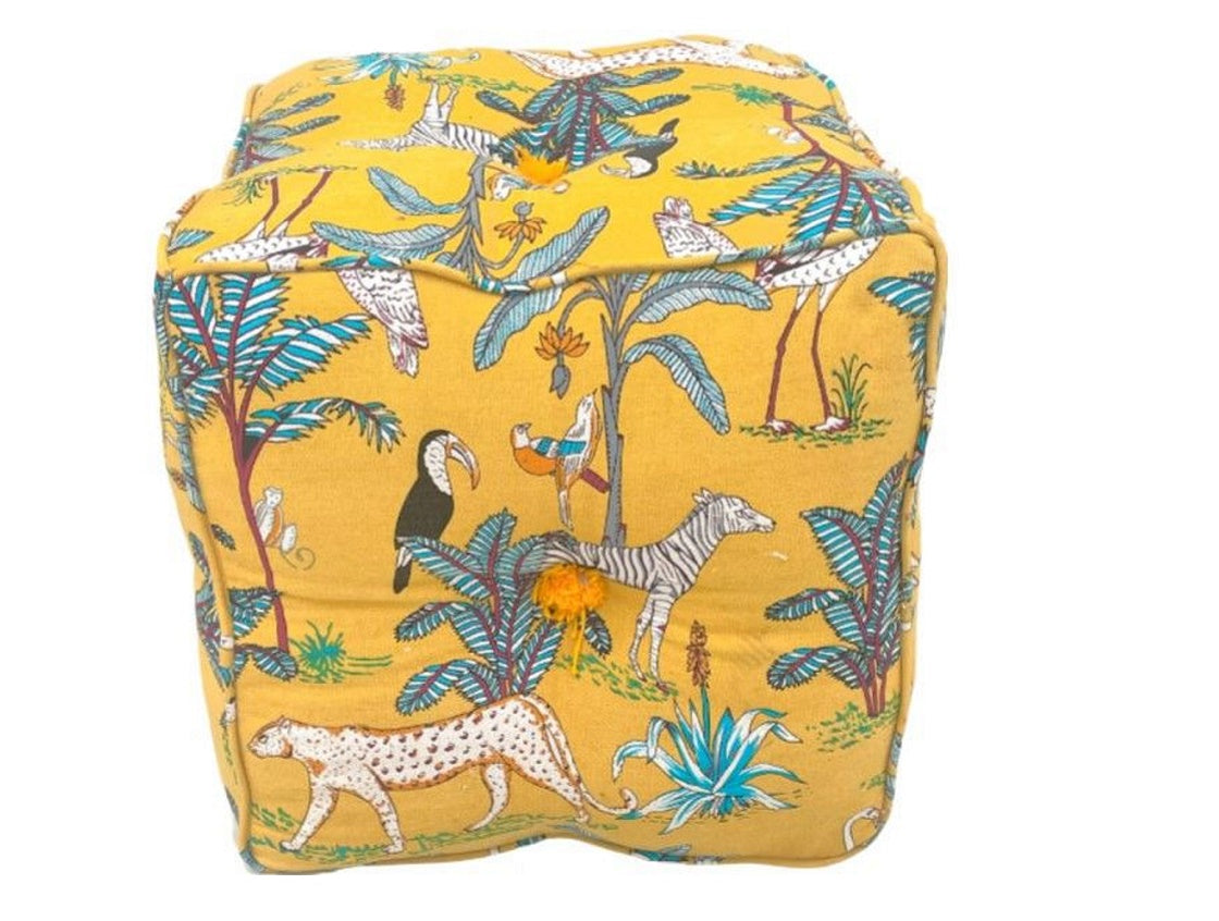 Mustard Yellow Jungle Print Pouf