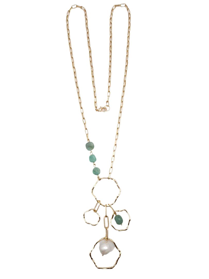 Gold Chain Statement Necklace with Green Stones and a Pearl