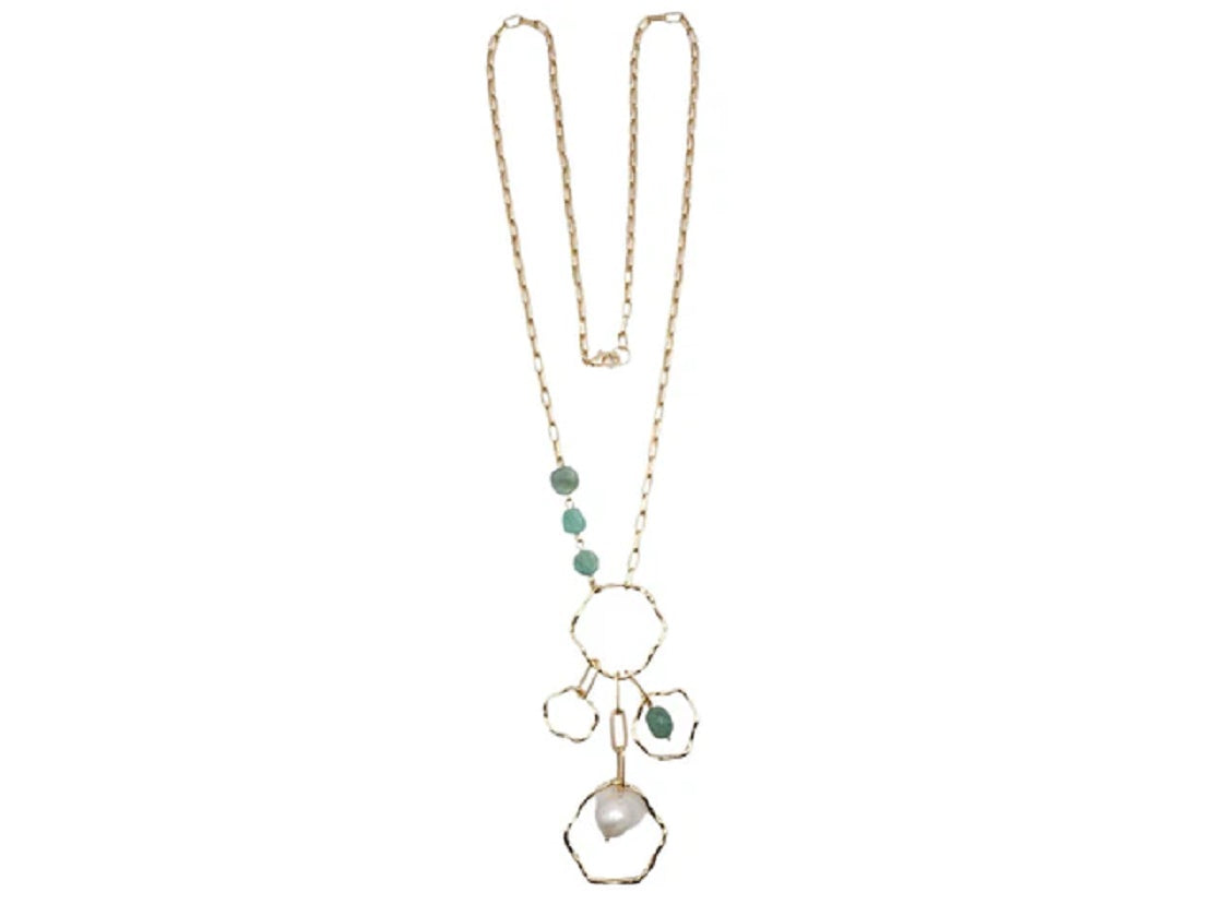 Gold Chain Statement Necklace with Green Stones and a Pearl