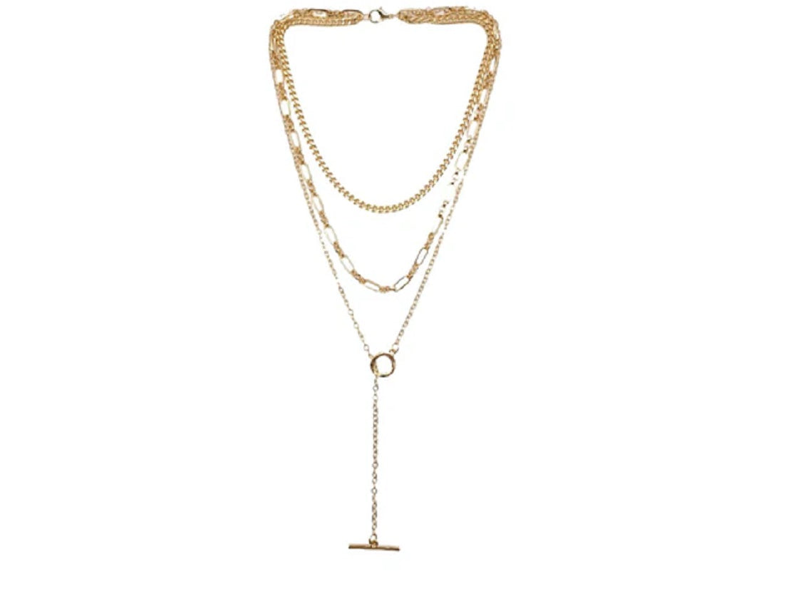 Gold 3 Tier Chain Link Necklace with Drop