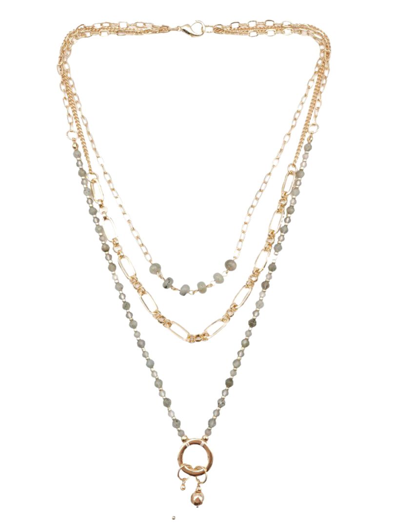 Gold 3 Tier Chain and Green Stones Necklace with Pearl Pendant