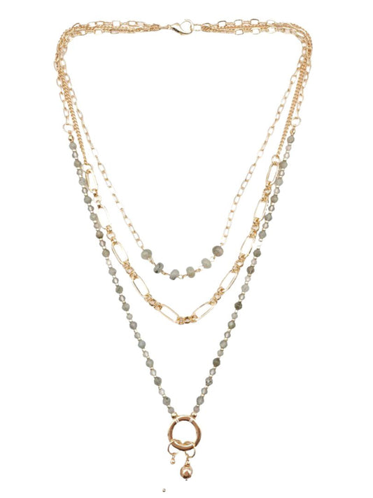 Gold 3 Tier Chain and Green Stones Necklace with Pearl Pendant