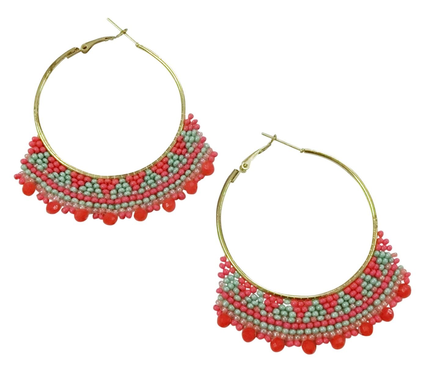 Coral Orange and Pale Mint Hand Beaded Hoop Earrings