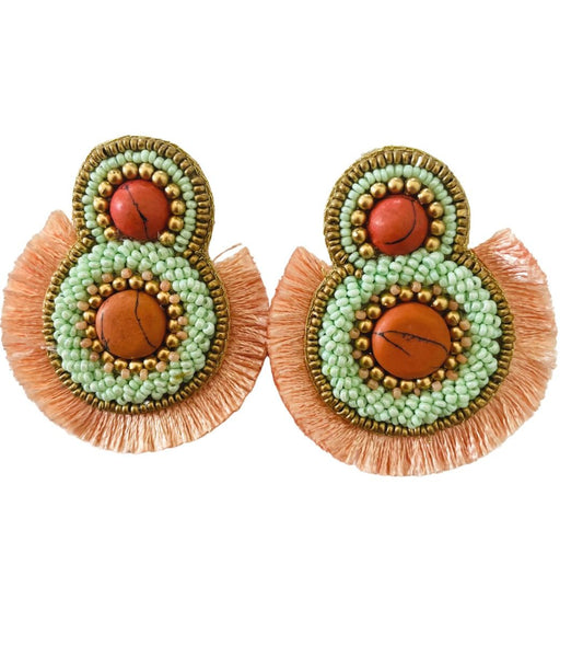 Hand Beaded Coral Fringe Earrings