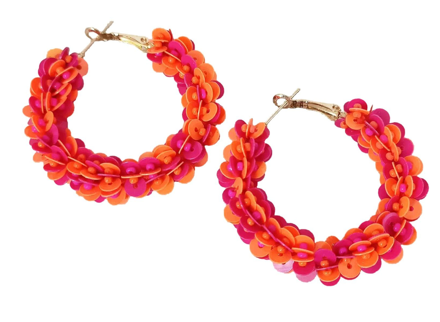 Orange and Hot Pink Beaded Hoop Earrings