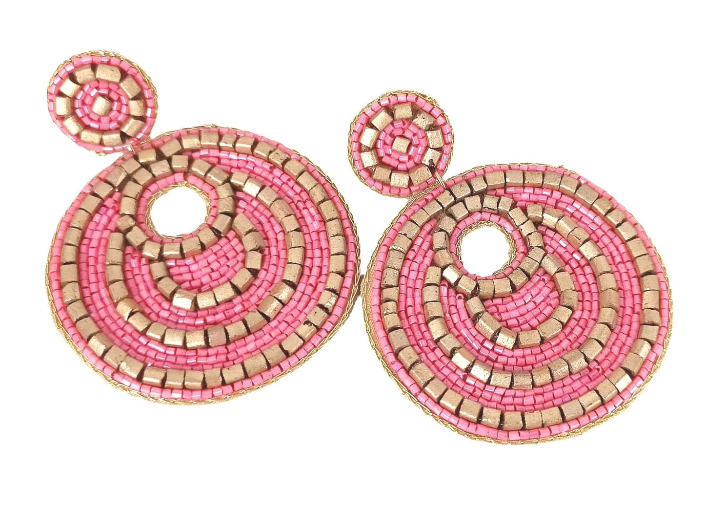 Round Hand Beaded Flamingo Pink and Gold Earrings