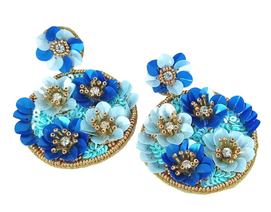 Hand Beaded Floral Blue and Aqua Earrings