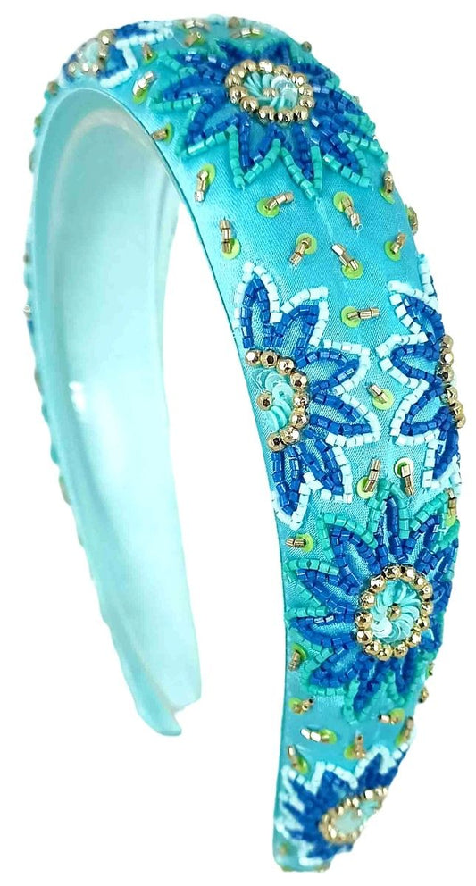 Hand Beaded Floral Blue and Aqua Hairband